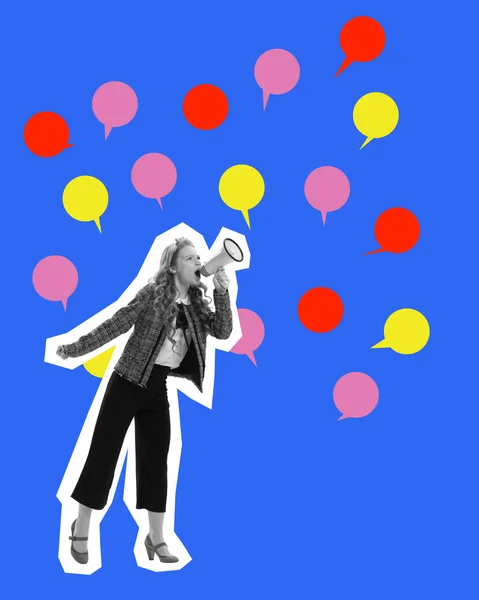 Campaign image for a public speaking course, emphasizing voice projection and confidence. Woman with megaphone among colorful speech bubbles, symbolizing communication and outreach. Contemporary art