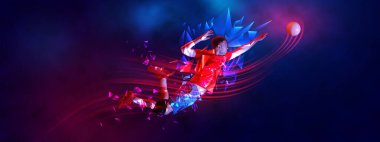 Genç adamın dinamik görüntüsü, hareket halindeki hentbol oyuncusu, çokgen ve akışkan neon elementlerle gradyan arka plan eğitimi alıyor. Spor, aksiyon, rekabet, turnuva kavramı. Spor etkinliği afişi