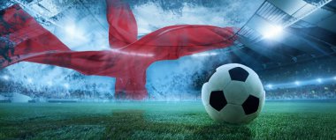 Spor stadyumunda yatan futbol topu, arka planda Danimarka bayrağı olan çimenler etkinliğe katılan Danimarka takımını sembolize ediyor. Yarışma konsepti, şampiyonluk, turnuva, oyun etkinliği