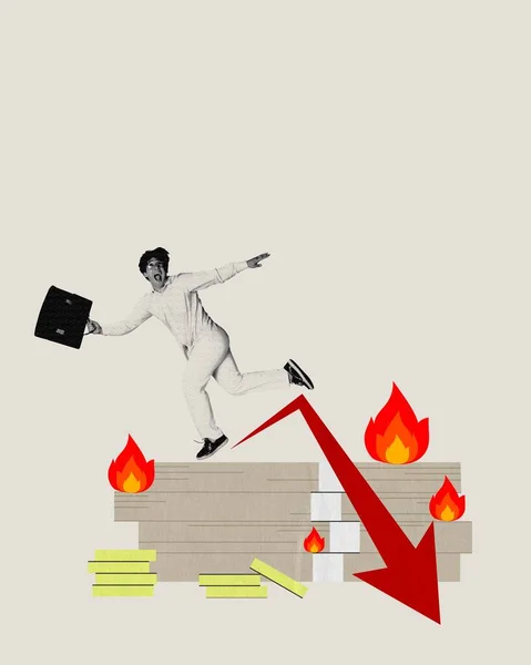 Businessman emotionally running away from bankruptcy. Financial arrow going down, money burning. Conceptual design. Concept of economy, crisis, business, challenges