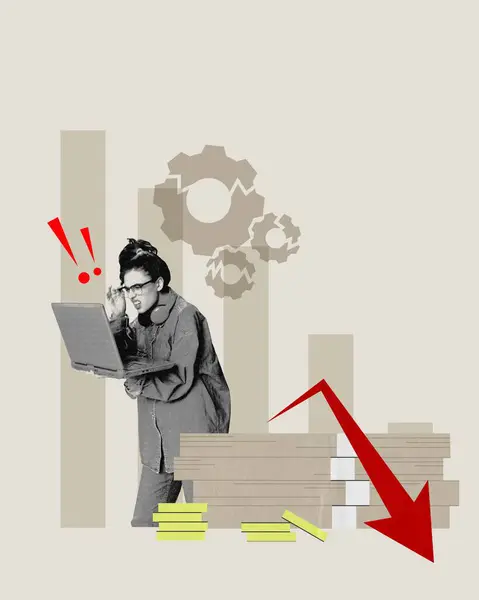 Woman with laptop and headphones stressing over financial decline, with downward graphs. Conceptual design. Concept of economy, crisis, business, challenges
