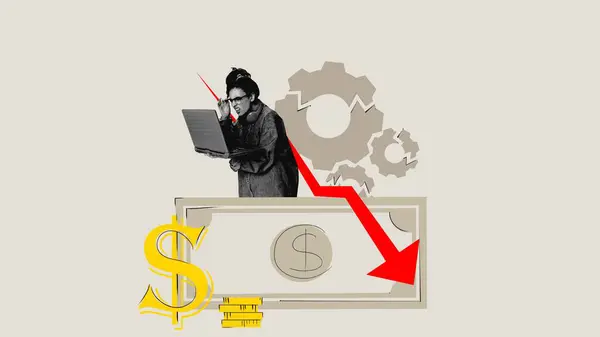 Marketing material for financial analysis software. Anxious person with laptop, downturn arrow on money background, gears above. Concept of economy, crisis, business, global economic recession