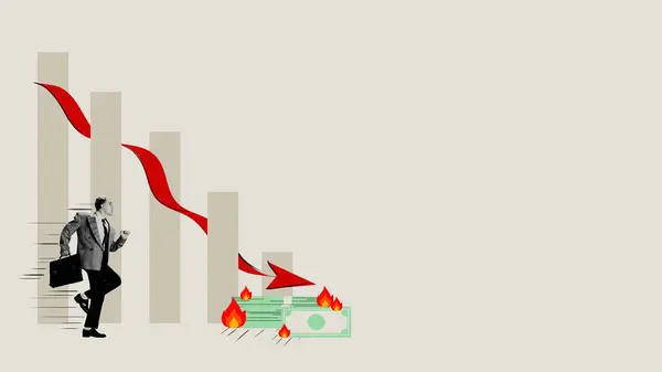 中小企業の財政不況 コンセプトデザイン 財務グラフの上を走るビジネスマン 赤い矢が下がっています ビジネス 世界的な景気後退の概念 — ストック写真