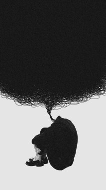 Umutsuzluk içinde oturan, olumsuz keskin düşüncelerden muzdarip zihinde ve duygularında karanlığı yaratan kişi. Kavramsal modern tasarım. Ruh sağlığı, depresyon ve üzüntü kavramı, terapi, duygular