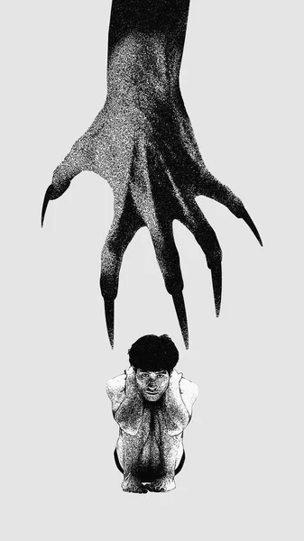 Terrifying hand reaching young guy sitting in fear. Manipulation of consciousness. Concept of mental health, depression and sadness, therapy, emotions. Conceptual modern design.