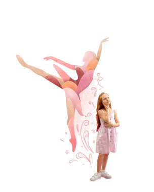 Dans eden küçük kız ve balerin silueti. Ünlü bir balerin olmayı hayal eden bir çocuk. Çağdaş sanat kolajı. Çocukluk hayalleri, fantezi, gelecek kavramı. Yaratıcı kavramsal tasarım