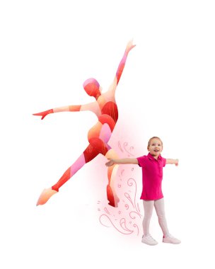 Artistik patinajcının küçük kızı ve silueti dans ediyor. Artistik patinaj eğitimi almak isteyen bir çocuk. Çağdaş sanat kolajı. Çocukluk hayalleri, fantezi, gelecek kavramı. Yaratıcı kavramsal tasarım