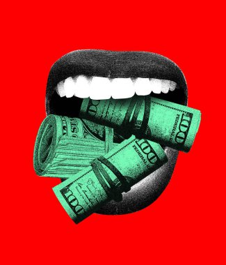 Çağdaş sanat kolajı. Kadın ağzının para yediğinin siyah-beyaz çizimi. Açgözlülük, kapitalizm, zenginlik sorunları. Finansal okur yazarlık, ekonomi, iş, para kavramı