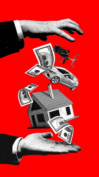 Menselijke Hand Met Zwevend Huis Stoel Geld Rode Achtergrond Financiële — Stockfoto