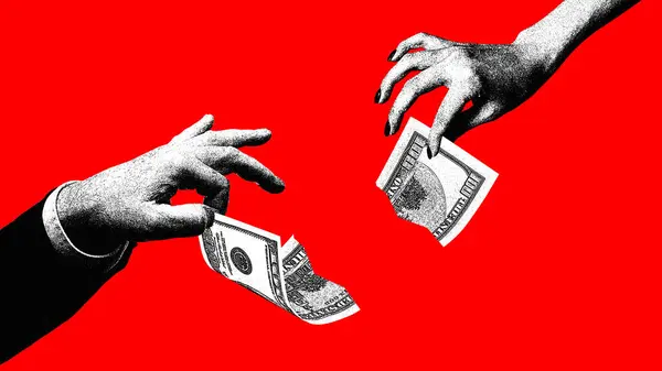 手在红色背景下撕碎钱 职业挑战 当代艺术拼贴 金融知识 货币概念 — 图库照片