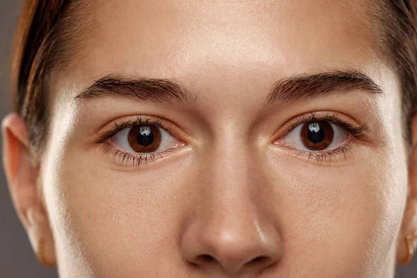 Close Females Brown Eyes Makeup Looking Camera Health Care Vision — Stock Photo, Image