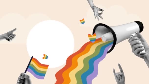 人間の手 Lgbtの旗 拡声器が付いている概念的な社会設計 選択のサポート アニメーションを停止する 受け入れ 自由の概念 バナー ポスター — ストック動画