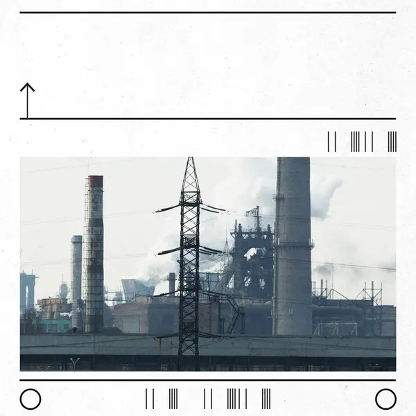 Industrial landscape with smokestacks and power lines. Environmental documentary image about industrial pollution. Poster on energy production and electrical infrastructure. Manufacture sector
