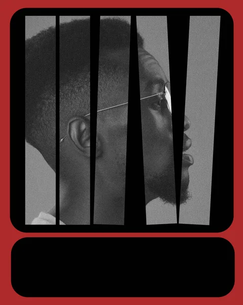 Promotional visual about social change and activism. History of civil rights movements. Monochrome portrait segmented by vertical lines, African man profile with glasses. Program about social life