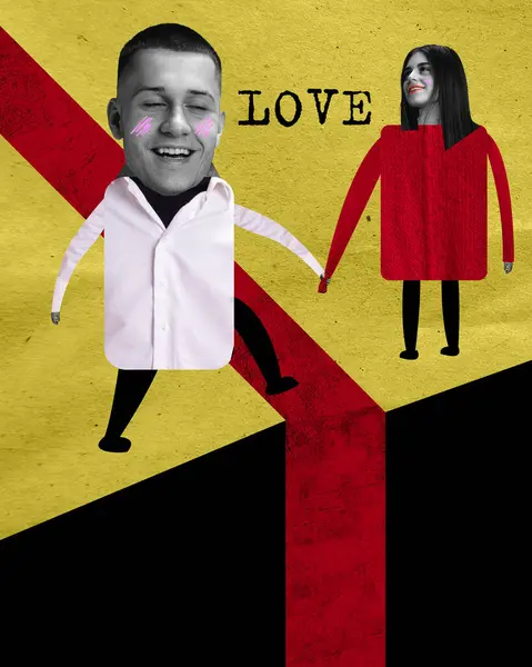 Usmívající Muž Žena Drží Ruce Textem Love Žlutém Červeném Pozadí — Stock fotografie