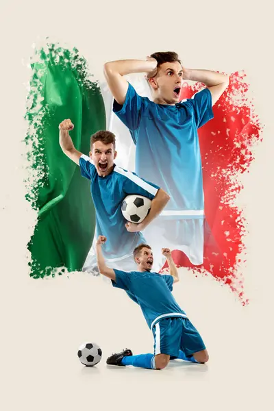 Emotional young soccer player representing team of Italy. Italian flag on background. Creative collage. Concept of football sport, championship, game, competition, tournament. Poster for sport events