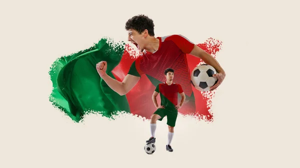 Motivierter Junger Mann Fußballspieler Der Portugiesischen Nationalmannschaft Portugiesische Flagge Hintergrund — Stockfoto