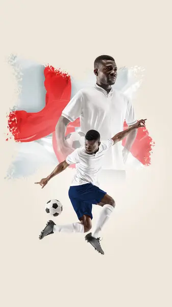 Young African man, soccer player representing team of England. English flag on background. Collage. Concept of football sport, championship, game, competition, tournament. Poster for sport events