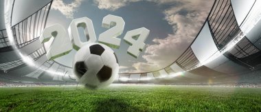 3D açık hava stadyumu futbol topu ve 2024 rakamlarıyla spor sahasında. Geniş açı. Yaklaşan maç. Spor konsepti, şampiyonluk, rekabet, turnuva. Futbol etkinlikleri için poster