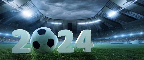 Soccer Ball 2024 Numerals Render Open Air Stadium Tribune Fans — Stock Photo, Image