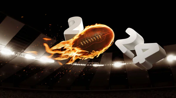 Flaming football with 2024 numerals in stadium, symbolizing upcoming American football match. 3D render. Concept of sport, championship, game, competition, tournament. Poster for football events