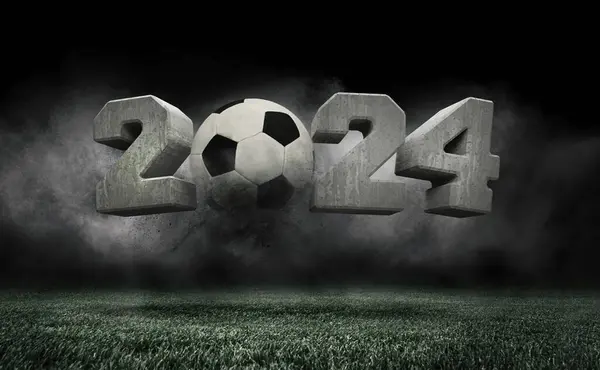 Concrete 2024 Numerals Soccer Ball Raising Green Grass Smoke Dark — Stock Photo, Image
