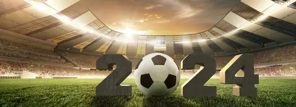 Széles Látószögű Felvétel Futball Stadion Beton Számok 2024 Focilabda Közelgő — Stock Fotó