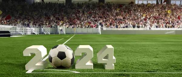 Soccer Ball Grass 2024 Large Numerals Crowded Stadium Render Sport — Stock Photo, Image