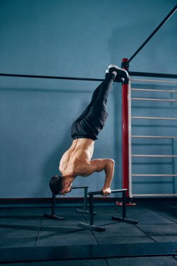 Güçlü vücudu olan kaslı, atletik genç bir adam, spor salonunda üstsüz antrenman yapıyor, paralel barlarda şınav çekiyor. Aktif ve sağlıklı yaşam tarzı kavramı, vücut bakımı, fitness, spor