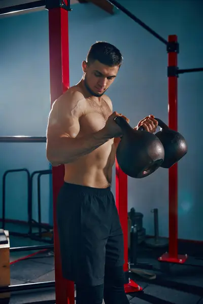 Young Shirtless Man Doing Exercises Kettlebell Gym Man Sportive Muscular — Stock Photo, Image