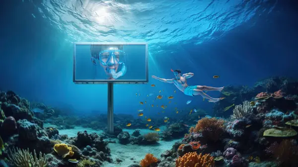Underwater scene with diver swimming towards billboard featuring snorkelers face. Travel agency promoting exotic snorkeling destinations around the world. Underwater exploration activity ads