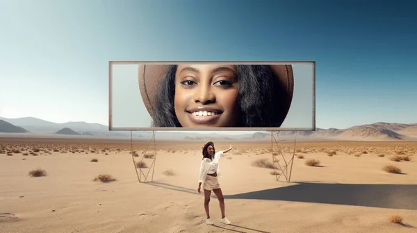 Travel company offering exclusive desert tours. Woman in light clothing gestures at billboard with her smiling face in desert. Promotion of casual fashion for travelling. Ad campaign