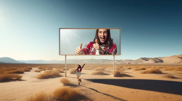 Beautiful happy young girl standing near billboard with her smiling face in desert. Promotion of casual fashion for travelling. Ad campaign. Travel company offering exclusive desert tours.