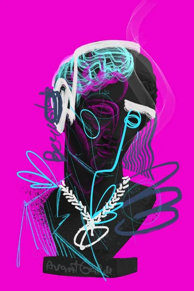 Modern aesthetics. Album cover for music tracks. Antique statue bust with drawings, doodles over bright pink background. Concept of postmodern, inspiration, creativity, contemporary art.