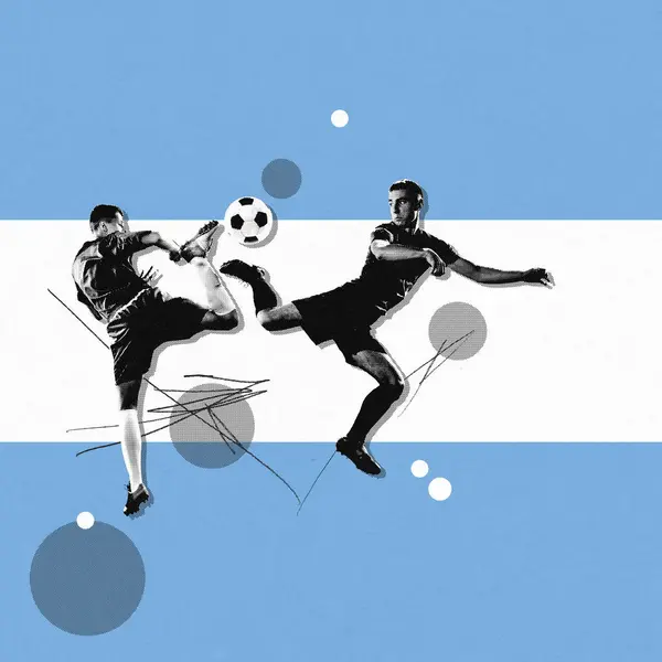 Dwóch Mężczyzn Płatnik Piłki Nożnej Ruchu Podczas Meczu Gra Reprezentuje — Zdjęcie stockowe