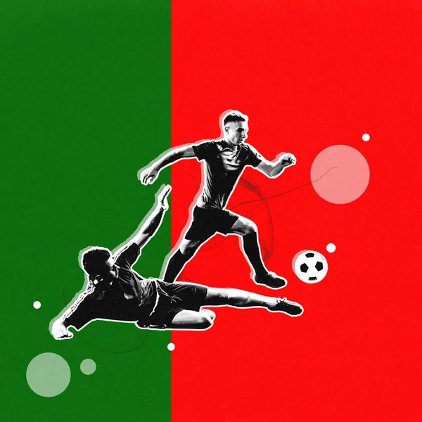 Dva Soutěživí Mladí Muži Fotbalisté Pohybu Během Zápasu Hrají Reprezentují — Stock fotografie