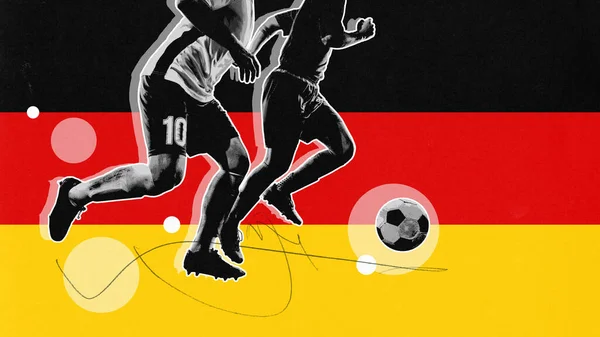Cropped image of male legs, soccer players in motion during game, playing, representing team of Germany. Olympic sport, championship, tournament, match concept. Poster for sport event. Grainy effect