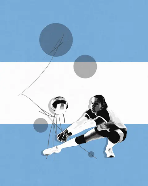 Competitive young woman, handball player in motion, hitting ball, playing representing team of Argentina. Concept of sport, championship, tournament, match. Poster for sport event. Grainy effect