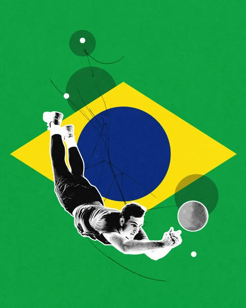 年轻男子 排球运动员在比赛中的动态形象 代表了巴西队 运动的概念 锦标赛 创意设计 体育赛事海报 微小的效果 — 图库照片