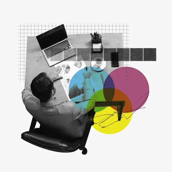 Businessman sitting at table and working with analytics, developing worldwide projects. Graphs, information, strategy. Contemporary art collage. Concept of business, brainstorming, growth