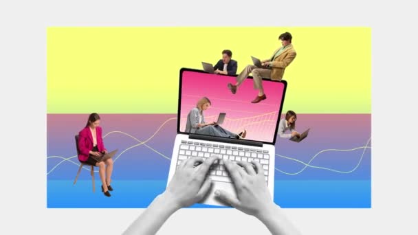 노트북에서 원격으로 일하는 직원의 비즈니스 프로젝트를 만드는 온라인 움직임 애니메이션 — 비디오