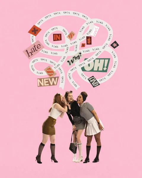 Three Young Women Laughing Together Speech Bubbles Containing Words Symbols — Stock Photo, Image