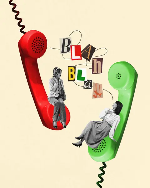 Young women, friends sitting on giant red and green retro telephone handsets with newspaper cut letters and talking, discussing news, spreading rumors. Contemporary art collage. Communication