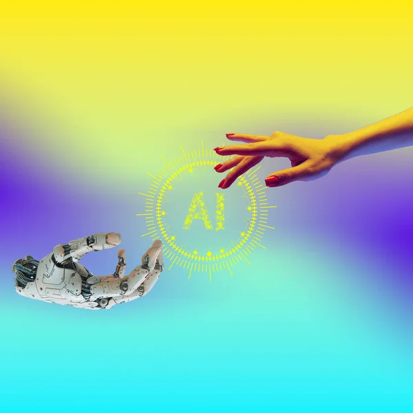 Female hand reaching towards 3D render of robotic hand against gradient background. Conceptual creative design. Machine learning, digital science. Concept of business, innovation, technology
