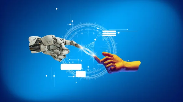 3D model of robot hand and human hand about to touch with digital interface on blue background. Conceptual design. Digitalization. Concept of business, innovation, technology. Artificial intelligence