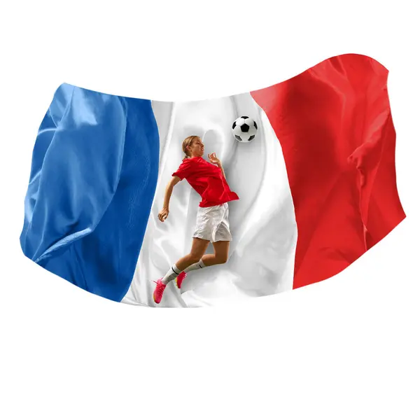 年轻女子的动态形象 足球运动期间在白色背景下与法国国旗交锋 锦标赛和锦标赛的概念 体育海报活动 — 图库照片