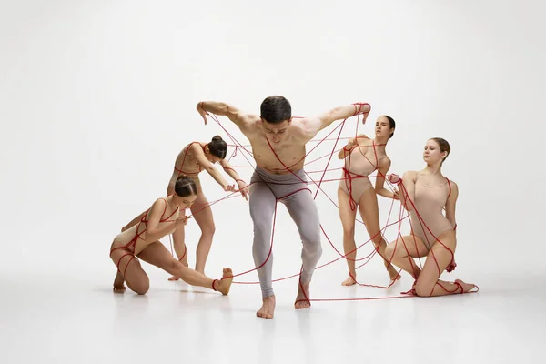Leaving Comfort Zone Freedom Male Ballet Dancer Connected Red Strings — Stock Photo, Image