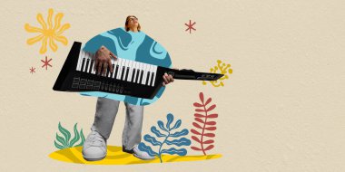 Soyut arka planda piyano çalan yetenekli bir genç. Çağdaş sanat kolajı. Müzik festivali kavramı, yaratıcılık ve ilham. Müzik etkinliği posterleri için şablon. Modern estetik.