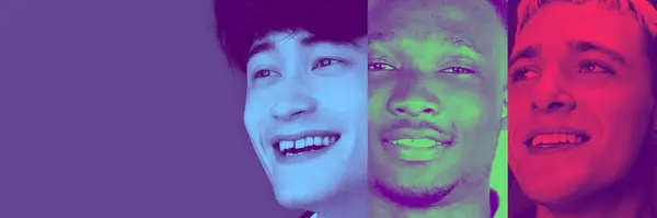Collage Gjord Unga Män Olika Nationellt Leende Mot Flerfärgad Bakgrund — Stockfoto