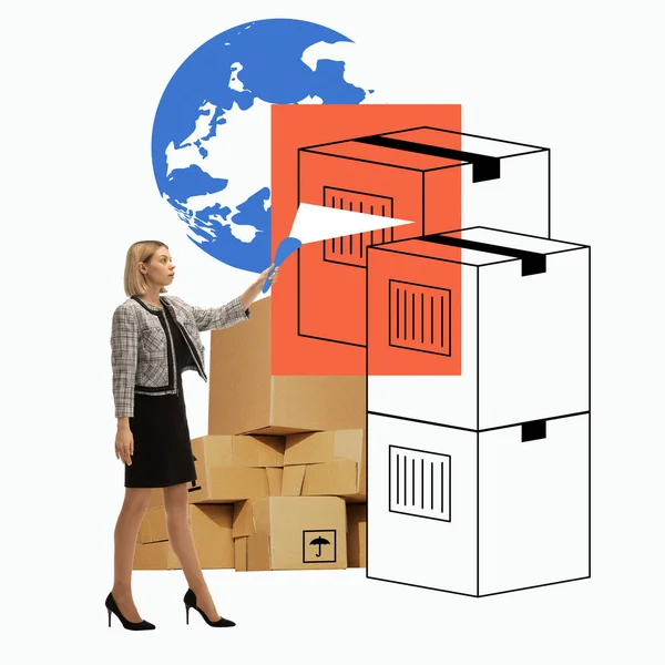 Woman scanning barcode on boxes with world map in background. Digitalization on global shipping. Concept of logistics, cargo companies, business, worldwide shipping and delivery services